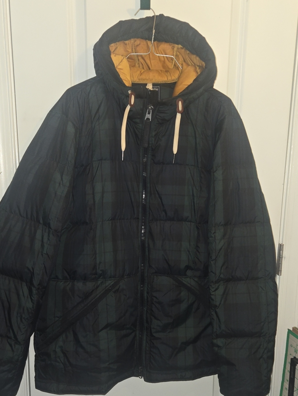 Men's Hooded Puffer Jacket in Blue And Green Plaid with Gold Lining